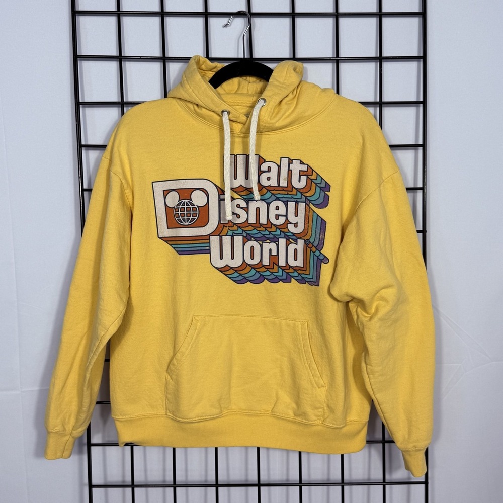 Vintage Walt‎ Disney World Hoodie Sweatshirt Mens M Yellow Retro Stripe 70s Logo